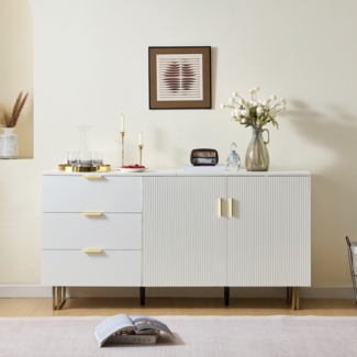 Merax 2-Türiger und 3-Schubladen Sideboard – 160cm Elegantes MDF-Möbel mit goldenen Zinklegierung-Griffen, stabilen Stahlbeinen in Braun, Weiß