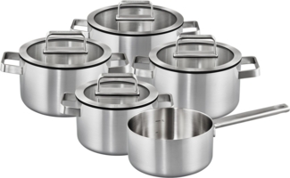 Hanseatic Topf-Set PREMIUM, Edelstahl (Set, 9-tlg, Kochtopf 1x 16 cm / 2x 20 cm / 1x 24 cm, Stielkasserolle 16 cm), handfreundliche Griffe, Literskala, Glasdeckel, Induktion