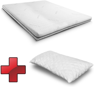 Kaltschaumtopper Supportho Premium Topper 120 x 200 cm H3, Höhe 9 cm, Härtegrad H3 mit antibakteriellem Bezug CloudComfort Basic Gel-Flocken Kissen 40 x 80 cm