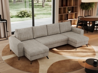 U-förmige Ecksofa, XXL Universalecke mit losen Kissen zum Wohnzimmer, Bettkästen und Schlaffunktion, schwarze Metallbeine - AXEL U - Beige Stoff
