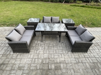 Fimous 6 Sitzer Polyrattan Gartenmöbel-Sets mit Länglicher Esstisch Doppelsitzsofa 2 Beistelltischen Dunkelgrau gemischt