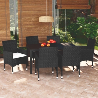 vidaXL 7-tlg. Garten-Essgruppe mit Kissen Poly Rattan Schwarz 3095012