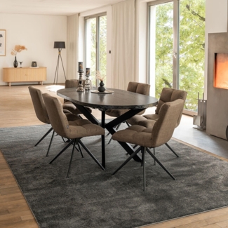 HOME DELUXE Essgruppe Oval Ausziehbar inkl. Sternfuß - 160 x 100 cm Dark Oak 6 Stühle Grau / Braun
