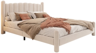 HAUSS SPOLE Polsterbett 160x200 cm mit fächerförmigem Kopfteil, Stützbeine,Samt, Beige (ohne Matratze), Zylindrische Stützbeine,Doppelbett aus Samt,160*200cm