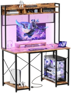 HOMALL Schreibtisch Gamingtisch, Computertisch mit LEDs und Haken, Steckdosen (DIY-Gitter verfügbar,PC Tisch,Gamer Tisch,115cm,Gaming Tisch)