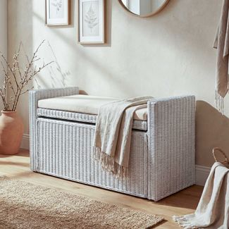 Sitzbank M92 Garderobenbank Bank Sitzhocker, mit Stauraum Kissen Kubu Rattan 88cm ~ weiß