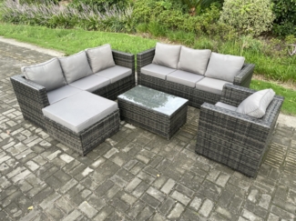 Fimous 8-Sitzer Rattan Gartenmöbel Set Indoor Outdoor Patio Sofa Set mit Länglichem Couchtisch Sessel Großer Fußhocker Dunkelgrau Gemischt