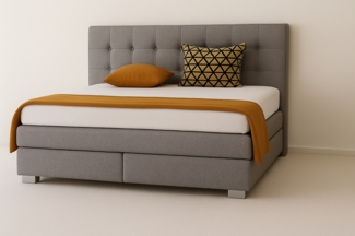 A&J MöbelLand Boxspringbett VERONA 200 x 200 cm mit zwei 7-Zonen-Taschenfederkernmatratzen und gepolstertem Kopfteil. Farbe: Grau