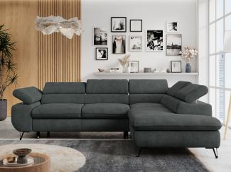 Ecksofa mit Bettfunktion, Modern Sofa, L-form, Einstellbare Kopfstützen, Bettkasten, PETER, 1x Ecksofa, Dunkelgrau, Stoff, rechts