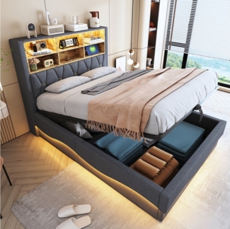 Merax Polsterbett (Doppelbett Jugendbett mit Metall-Lattenrost, 1-tlg), Hydraulisches Stauraumbett 140x200 cm mit LED, USB und Ablagefächern