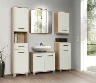 Badezimmer-Set >Aggi< (5-teilig) in Sonoma Eiche Dekor / Hochglanz weiss