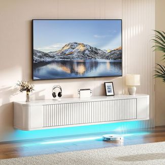 YITAHOME 140 cm Schwebender TV-Stand, Wandmontierte TV-Regale mit RGB-LED-Beleuchtung, Weiß Hochglanz TV-Mediakonsolle, Schwebender TV-Schrank mit Großem Stauraum für Wohnzimmer und Schlafzimmer