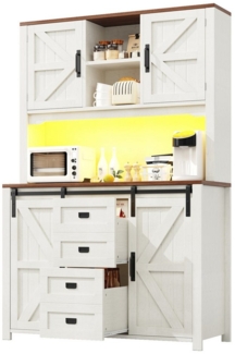 MODFU Hochschrank Küchenschränke mit LED-Beleuchtung (praktischer Stauraum mit verstellbaren Regalen, elegantes Weiß/schwarz mit X-Design, 1-St, 115 × 40 × 174,7 cm) mit Schiebetüren