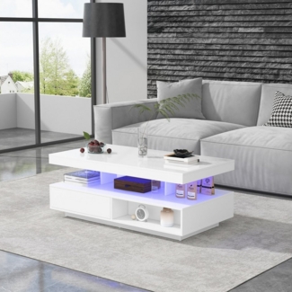 HAUSS SPOLE Couchtisch Hochglanz mit 4 Glasplatten, 2 Schubladen, 2 offenen Fächern, Weiß (Beistelltisch mit 2 Schubladen, 1-St, mit LED-Beleuchtung und hochglänzender Tischplatte), Wohnzimmertisch mit Glastrennwände