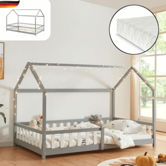 DELUKE® Kinderbett 120x200 OKLA - mit Matratze Lattenrost Rausfallschutz Haus-OptikEinzelbett aus Holz Hausbett Kinderzimmer Montessori Bett Grau