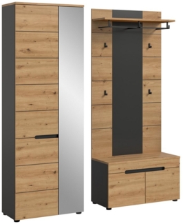 furnling Garderoben-Set Cano, (3-St, Garderobenpaneel, Garderobenschrank, Sitzbank), Garderobenmöbel, Komplett-Set, Höhe 190 cm, Basalt grau/Artisan