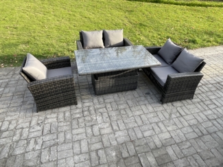 Fimous 4pcs Rattan Gartenmöbel im Freien Sofa Set Einstellbare Höhe Esstisch Dunkelgrau Gemischt