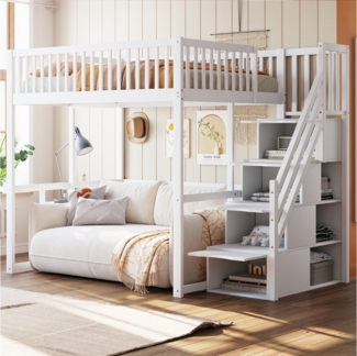 Flieks Hochbett Massivholz Kinderbett Einzelbett 140x200cm mit Stauraumtreppe