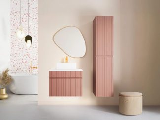 Vente-unique - Waschbeckenunterschrank hängend mit Ablagen & Aufsatzwaschbecken - Streifenoptik - Rosa - 60 cm - SATARA