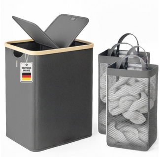 Roxlin Wäschekorb Wäschekorb 150L mit Deckel & 2 Taschen, faltbar & wasserdicht