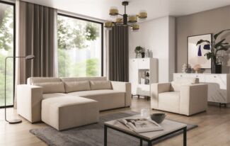 Ecksofa Schlafsofa inkl. Sessel WALDO Stoff Brooklyn Pearl Ottomane Links