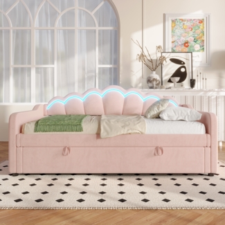 Tagesbett 90x200 cm mit hydraulischem Stauraum und LED-Beleuchtung,elegantes Polsterbett mit gewelltem Kopfteil,Rosa