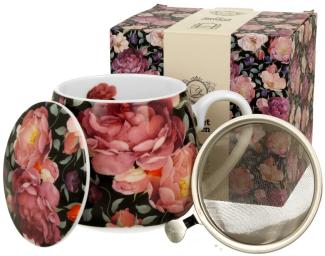 DUO FLORAL Fassbecher 430 ml SPRING ROSES BLACK mit Teesieb, New Bone China Porzellan