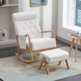 LVHOM Schaukelstuhl Set mit Fußstütze, Relaxsessel, Schwingsessel, Loungsessel, Holzgestell & hoher Lehne, Belastbarkeit 150 kg, Leinen