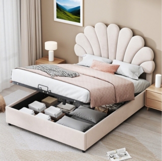 MODFU Polsterbett Funktionsbett (mit geblümtem Kopfteil, hydraulischem Stauraum und Lattenrost, Samtstoff Kinderbett mit höhenverstellbarem Kopfteil, 140x200cm)