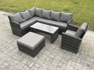 Fimous Rattan Gartenmöbel-Sets Hoher Rücken Ecksofa Länger Couchtisch Set mit Großer Fußhocker Sesseln Dunkelgrau gemischt