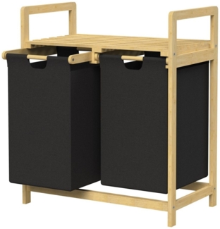 ML-DESIGN Wäschekorb Wäschebox mit 2 Fächern aus Bambus und Stoff für Badezimmer, Wäschesäcken 60L mit Stabiles Holzgestell Schwarz 73x63x33cm