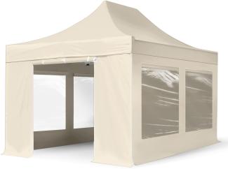 3x4,5 m Faltpavillon, PREMIUM Stahl 40mm, Seitenteile mit Panoramafenstern, creme