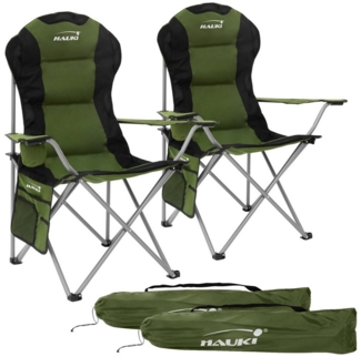 Hauki Campingstuhl Faltstühl faltbar mit Getränkehalter & Tragetasche bis 150kg (2 St), 2x Klappstuhl 56x95x110cm Khaki Angelstuhl mit Hochlehner Gepolster