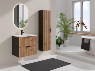 Vente-unique - Waschbeckenunterschrank hängend mit Einbauwaschbecken & Badhochschrank - Streifenoptik - Holzfarben hell & Schwarz - 60 cm - MADELA
