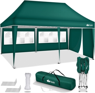 tillvex Pavillon 3x6m - mit 3 Seitenwänden Grün wasserdicht | Pop-Up Faltpavillon höhenverstellbar | Gartenzelt UV Schutz 50+ | Partyzelt mit Tasche für Garten