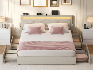VASAGLE Doppelbettgestell, Bettgestell, 140 x 200 cm, LED, Metallbett, 4 Schubladen, Ladestation, verstellbares gepolstertes Kopfteil, cappuccinobeige