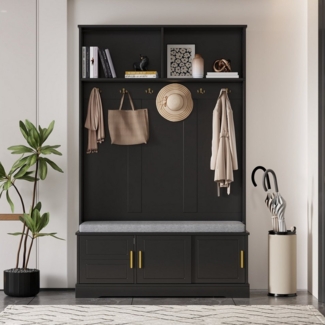 KLAM HOME Garderobenständer Garderobenständer mit Schuhbank, Garderobe, freistehend, platzsparend, (mit 6 Dreifach-Haken, 120×40×191cm), für Eingangsbereich,Flur, Weiß