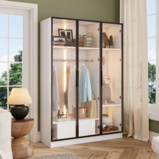 TavilaEcon Kleiderschrank 3 Glastüren und 1 Kleiderstange, LED-Licht, Hydraulisches Scharnier 1 Schublade und 2 Fächer, Glatte Gleitschiene, 110*50*160 cm,weiß