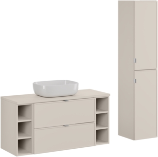 Badmöbel-Set 120 cm mit einer Waschtischplatte, einem Smile-Aufsatzwaschbecken und einem Hochschrank (46x120cm), Kaschmir matt