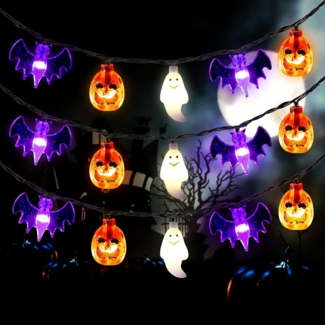 ABC Halloween-Lichterkette, 3 Meter lang, 20 LEDs in Kürbis-, Geister- und Fledermausform, batteriebetrieben, mit Timer, 8 Lichtmodi, geeignet für Partys im Innen- und Außenbereich, Terrassen und Fensterdekorationen