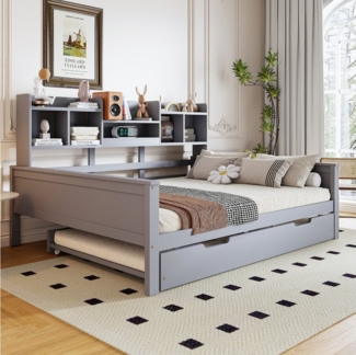 STILVORA Schlafsofa 140×200 Jugendbett mit Stauraum & Lattenrost,Bettgestell ohne Matratze, mit Ausziehbett 90x190cm, Stauraum & Lattenrost – Massivholz Kiefer, Perfekt für Gästezimmer & kleine Wohnungen, 140x200cm