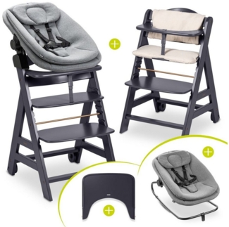 Hauck Hochstuhl Beta Plus Dark Grey Newborn Set 3in1 Bouncer (Set), Holz Babystuhl ab Geburt mit Neugeborenensufsatz, Sitzkissen, Essbrett