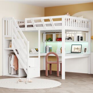 Merax Hochbett 140*200cm Kinderbett Massivholzbett, Jugendbett, Doppelbett, Treppe mit Aufbewahrungsschrank, mit einem Schreibtisch, mit USB-Steckdose und mit LED-Licht, weiß