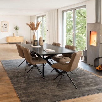 HOME DELUXE Essgruppe Eckig AVENCIA inkl. Sternfuß - 200 x 120 cm Dark Oak 6 Stühle Grau