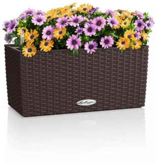 LECHUZA-Pflanzgefäß BALCONERA Cottage 40 Mokka, Balkonkasten mit Bewässerungssystem, Wasserstandsanzeiger und Pflanzeinsatz, Flechtoptik, 40 x 19 x 19 cm, 15472