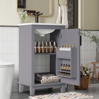 Bodenstehender Badezimmerschrank, Waschtisch, Volllackierung, Türregale, verstellbare Regale, integriertes Keramikwaschbecken, geeignet für kleine Räume, Grau, 51 x 34 x 83 cm