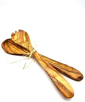 Olivenholz-erleben Salatbesteck Salatbesteck groß mit Bastband (Set, 2-tlg, 1x Salatlöffel, 1x Salatgabel), Stilvoll Salate servieren – ein echter Blickfang auf dem Tisch.