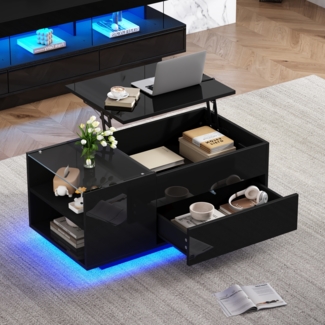 Couchtisch Höhenverstellbarer Kaffeetisch mit Verstecktem Stauraum, Beistelltisch Mit LED-Licht, Wohnzimmertisch Mit Schublade, Tisch, Sofatisch Mit Steckdose, Schwarz, 95 x 48 x 42cm