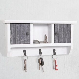 Schlüsselbrett HWC-A48, Schlüsselkasten Schlüsselboard mit Türen, Massiv-Holz MVG-zertifiziert ~ shabby grau-weiß
