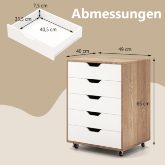 Rollcontainer mit 5 Schubladen Mobiler Aktenschrank mit Rädern 48 x 39,5 x 65,5 cm Natur